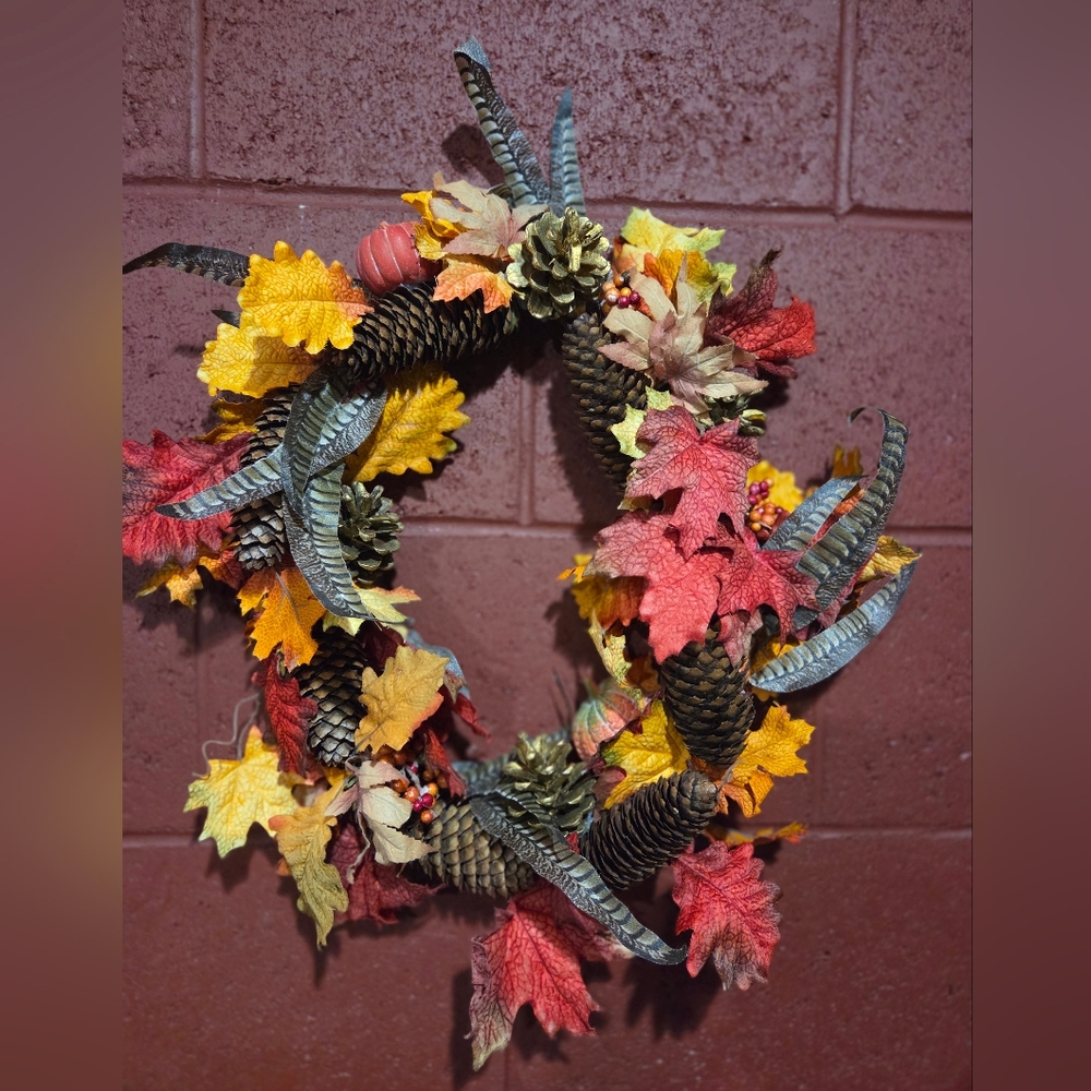 Festive Autumn Wreath with Natural Pinecones, Faux Feathers and Leaves